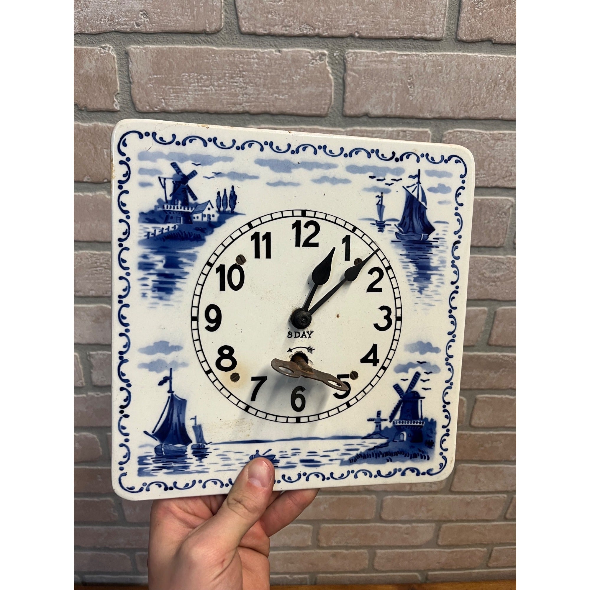 Delft-Style Blue and White Ceramic Wall Clock Windmill - Made USA - Parts/Repair