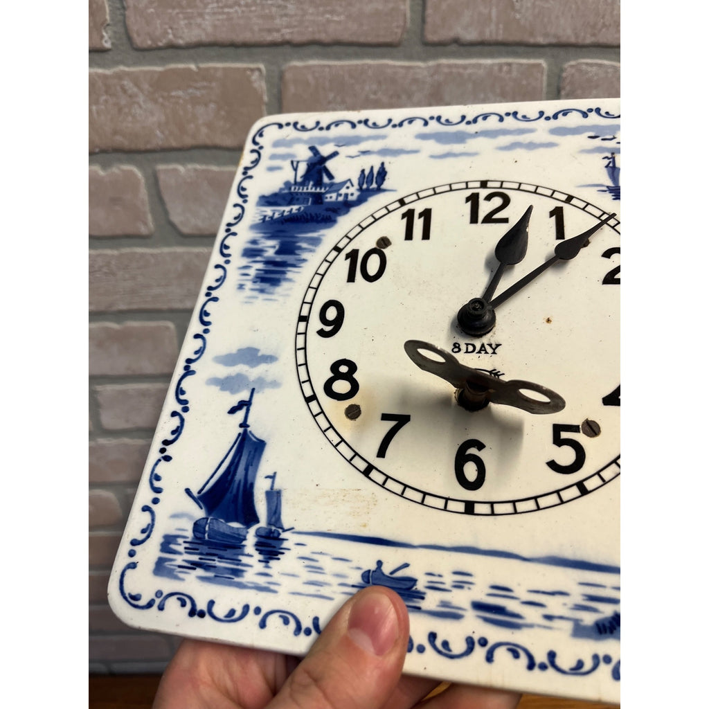 Delft-Style Blue and White Ceramic Wall Clock Windmill - Made USA - Parts/Repair