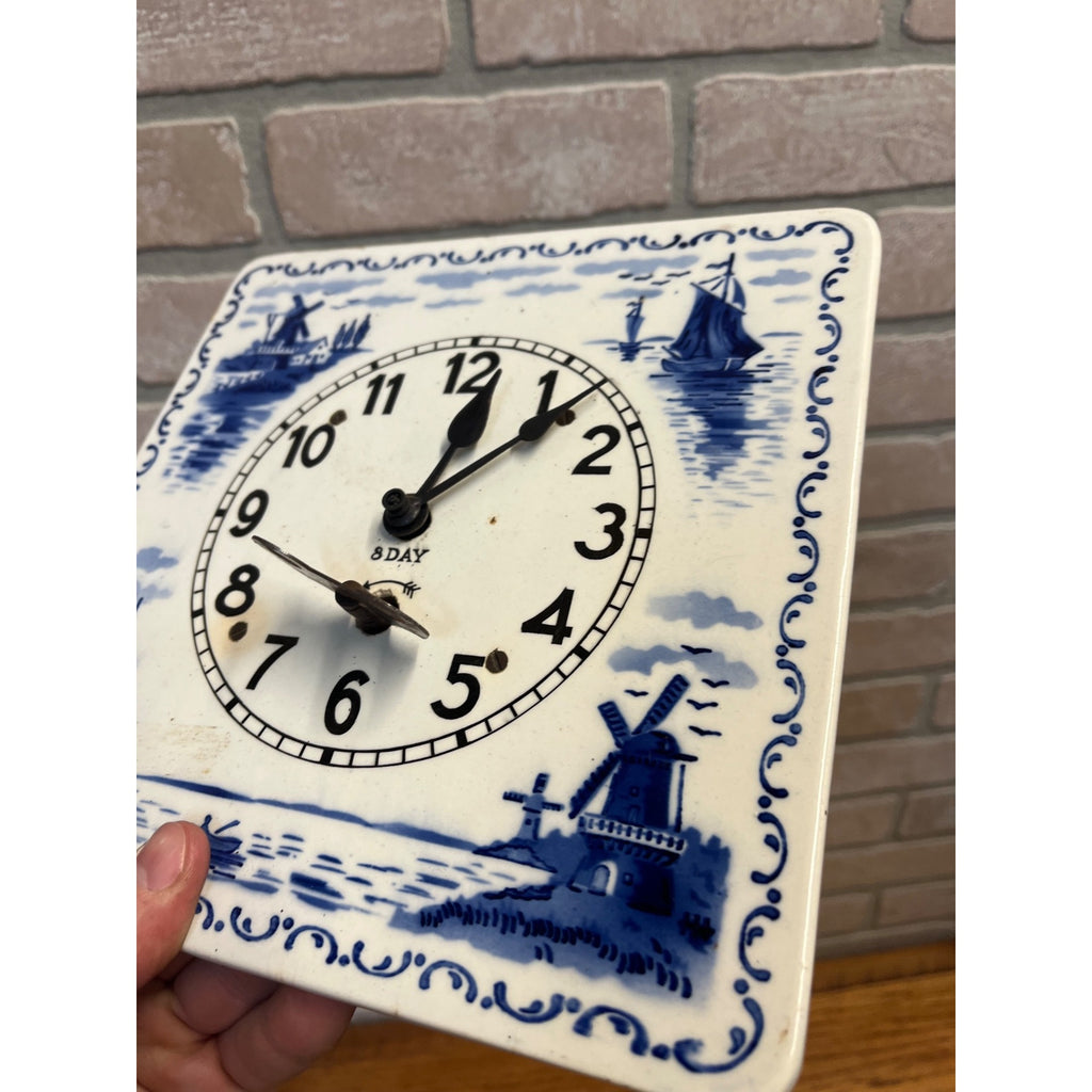 Delft-Style Blue and White Ceramic Wall Clock Windmill - Made USA - Parts/Repair