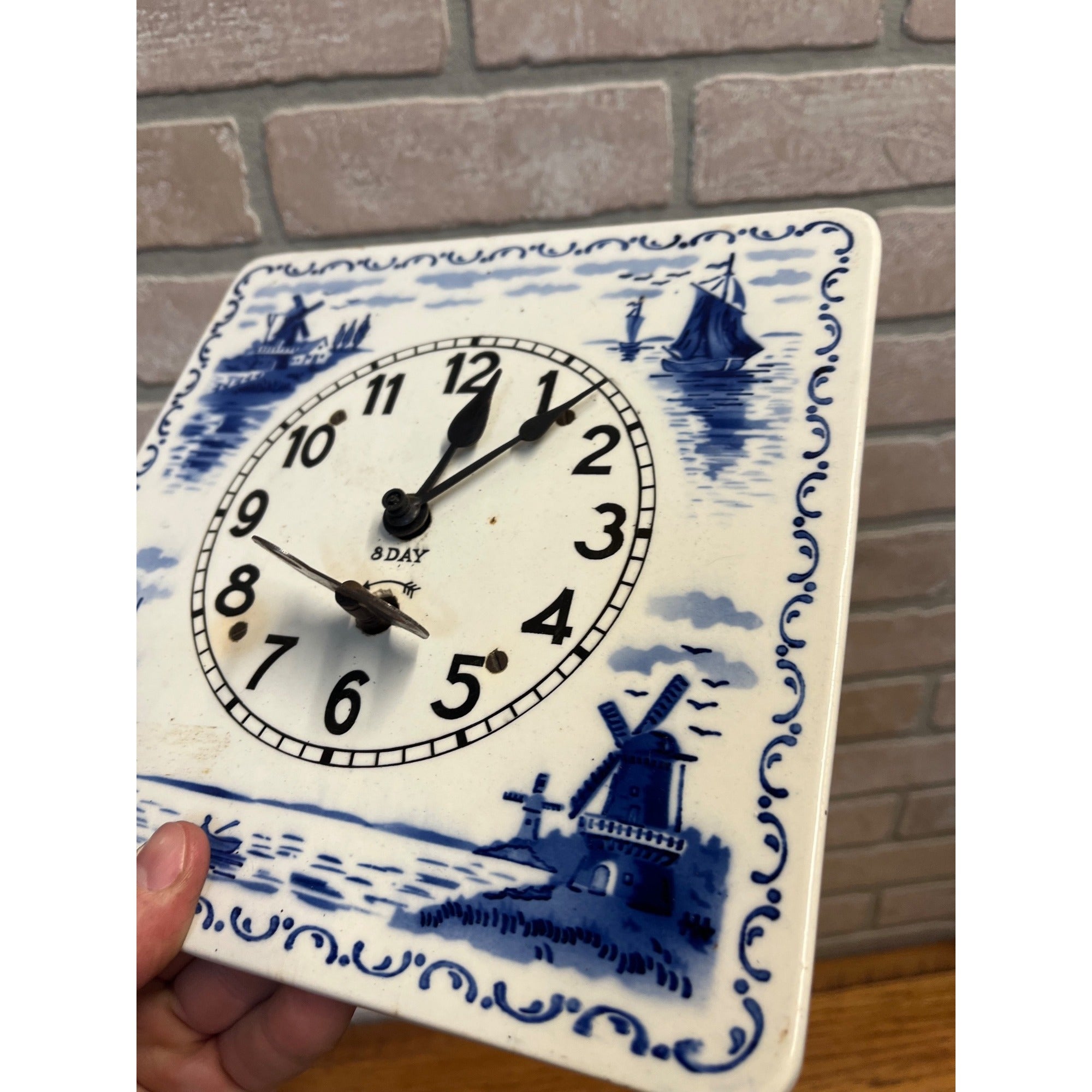 Delft-Style Blue and White Ceramic Wall Clock Windmill - Made USA - Parts/Repair
