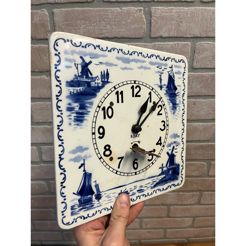Delft-Style Blue and White Ceramic Wall Clock Windmill - Made USA - Parts/Repair