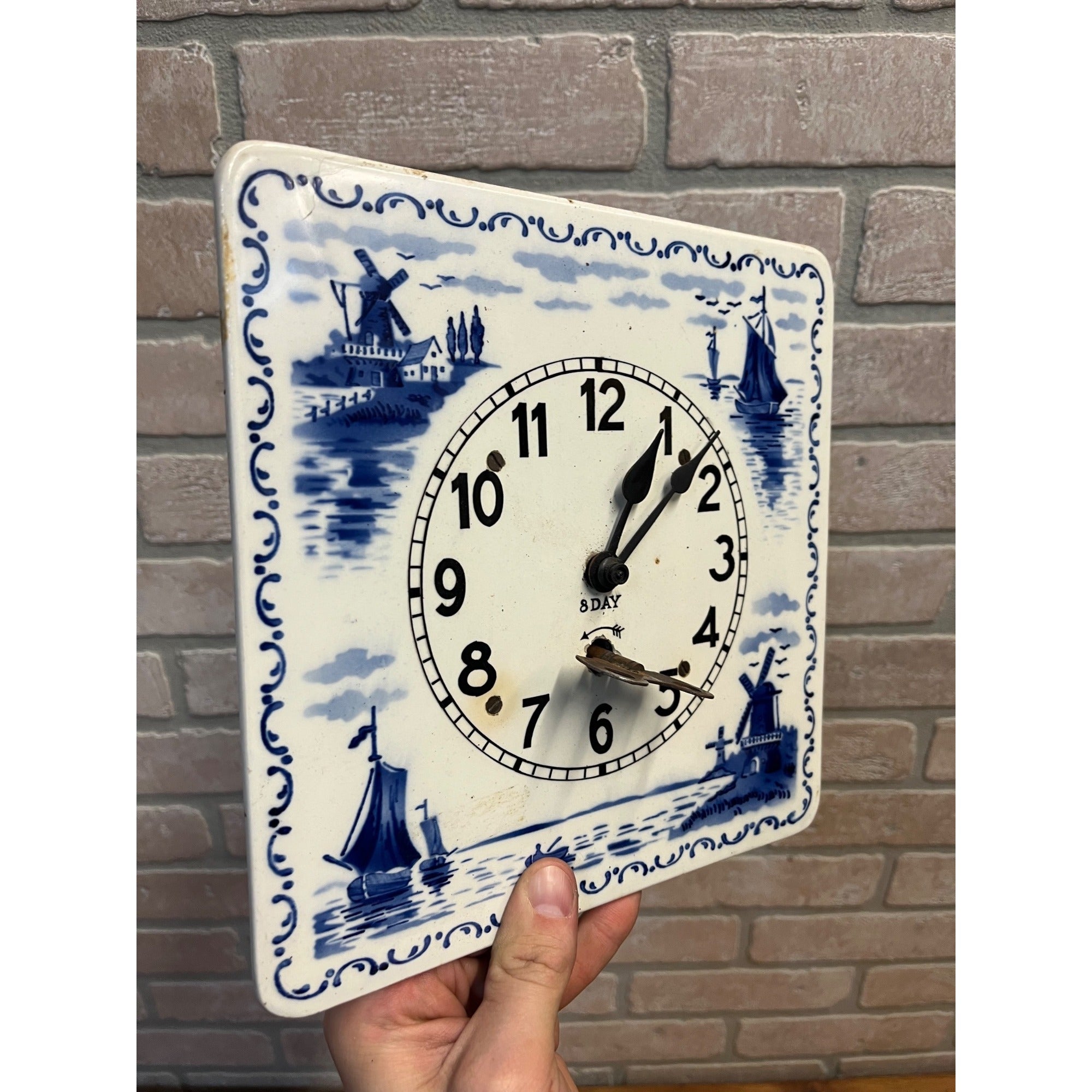 Delft-Style Blue and White Ceramic Wall Clock Windmill - Made USA - Parts/Repair
