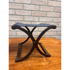 Antique Civil War Era Cast Iron Folding Stool or Buggy Seat Patterned Fabric Seat Victorian
