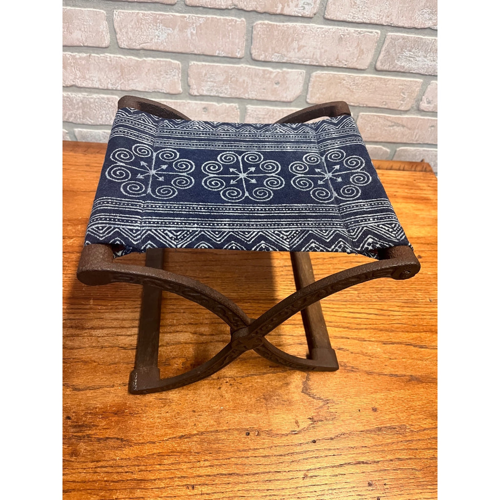Antique Civil War Era Cast Iron Folding Stool or Buggy Seat Patterned Fabric Seat Victorian
