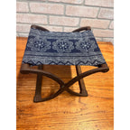 Antique Civil War Era Cast Iron Folding Stool or Buggy Seat Patterned Fabric Seat Victorian