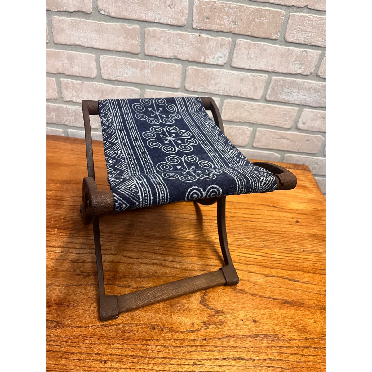 Antique Civil War Era Cast Iron Folding Stool or Buggy Seat Patterned Fabric Seat Victorian