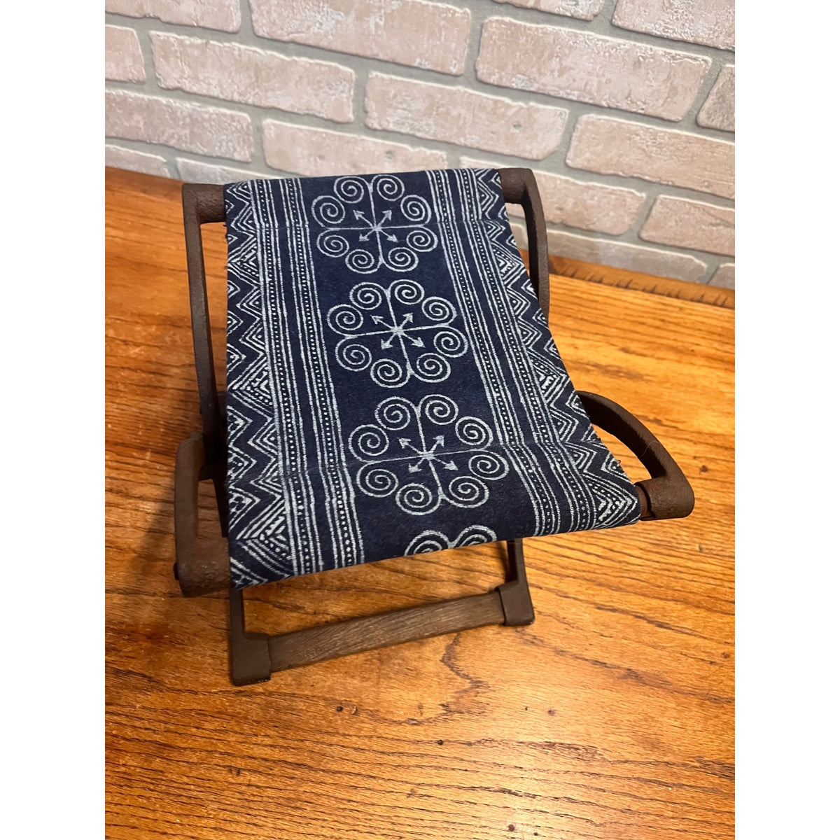 Antique Civil War Era Cast Iron Folding Stool or Buggy Seat Patterned Fabric Seat Victorian