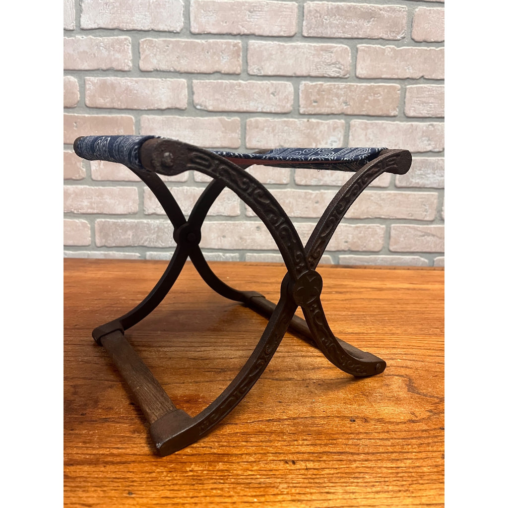 Antique Civil War Era Cast Iron Folding Stool or Buggy Seat Patterned Fabric Seat Victorian