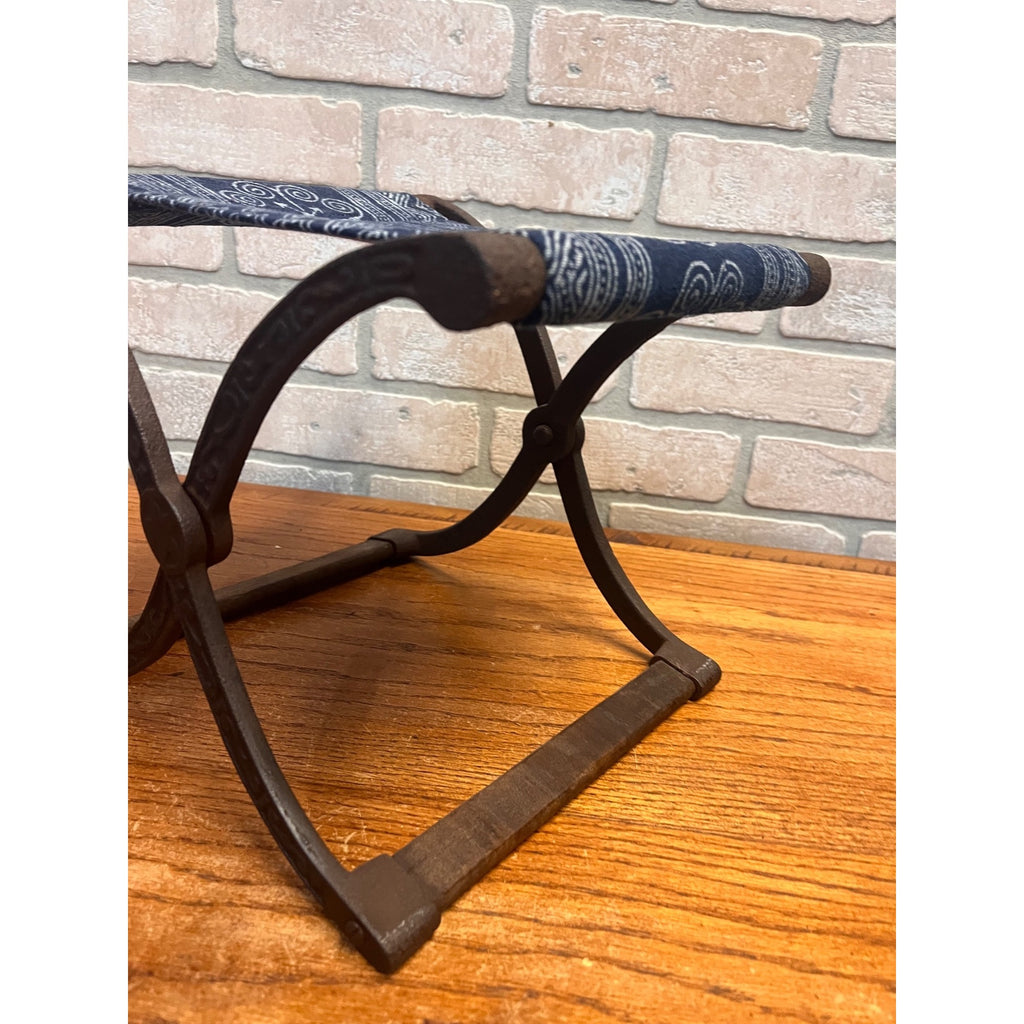 Antique Civil War Era Cast Iron Folding Stool or Buggy Seat Patterned Fabric Seat Victorian