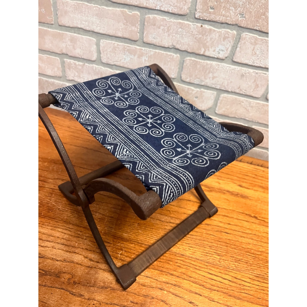 Antique Civil War Era Cast Iron Folding Stool or Buggy Seat Patterned Fabric Seat Victorian