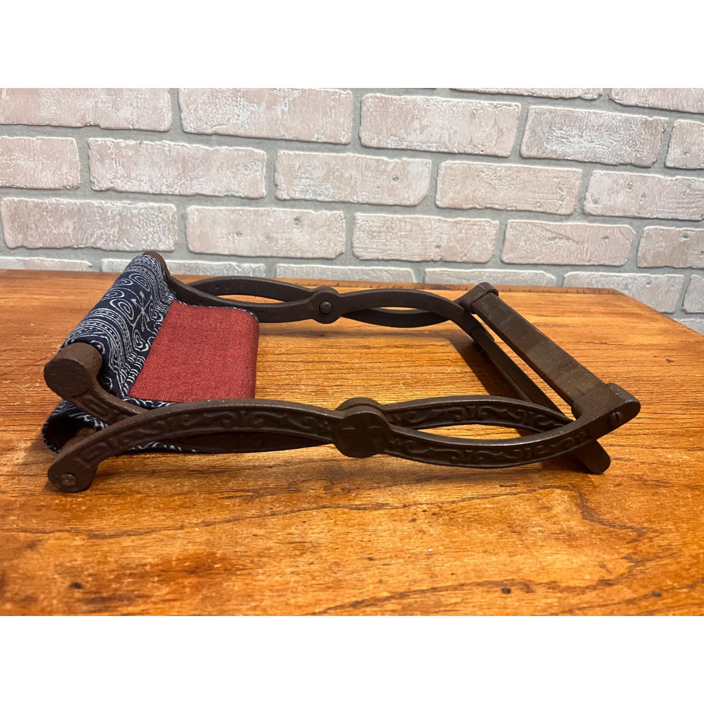 Antique Civil War Era Cast Iron Folding Stool or Buggy Seat Patterned Fabric Seat Victorian