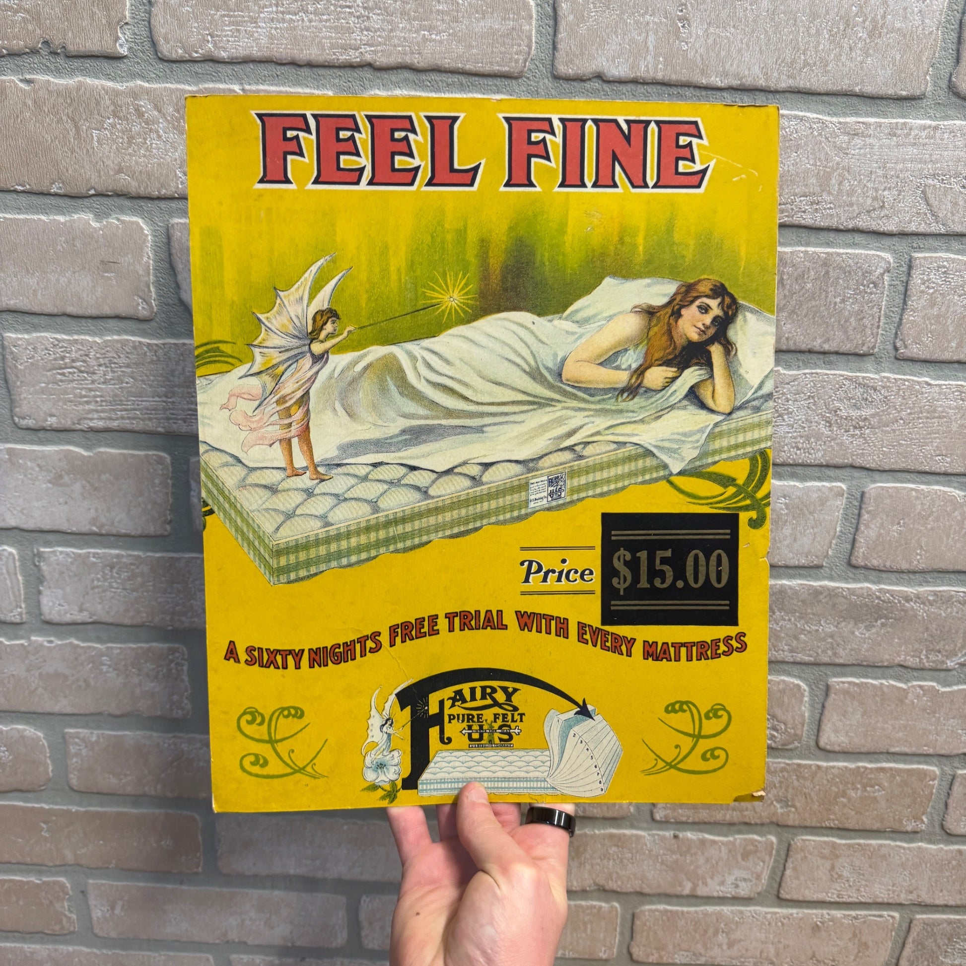 Vintage 1920s Art Nouveau Fairy Mattress US Bedding Co. Advertising Sign