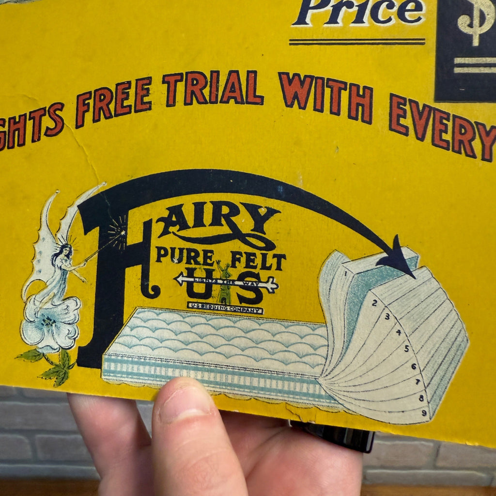 Vintage 1920s Art Nouveau Fairy Mattress US Bedding Co. Advertising Sign