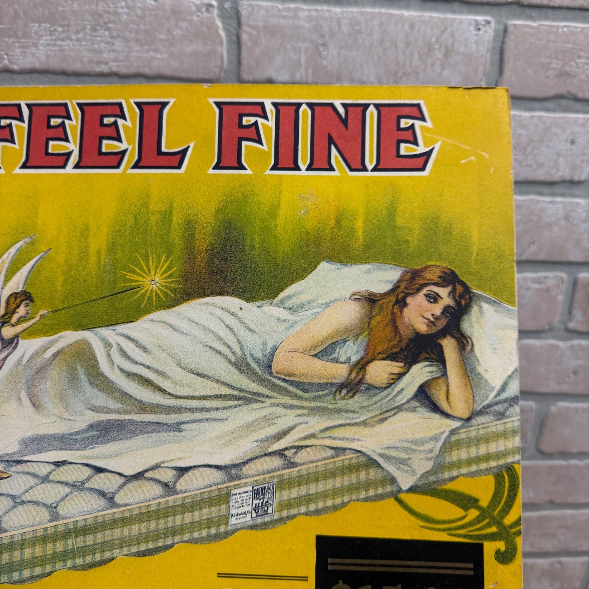 Vintage 1920s Art Nouveau Fairy Mattress US Bedding Co. Advertising Sign