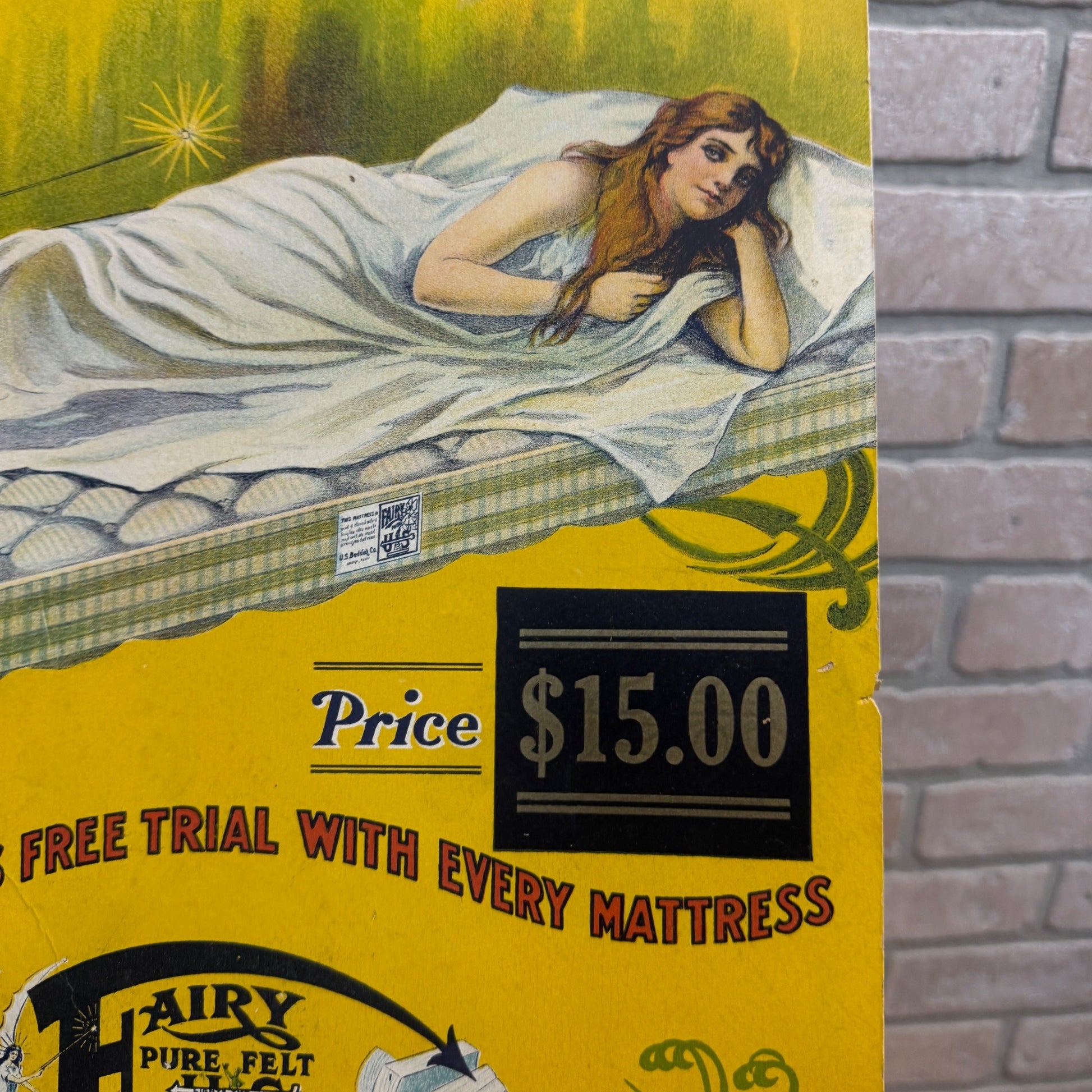 Vintage 1920s Art Nouveau Fairy Mattress US Bedding Co. Advertising Sign