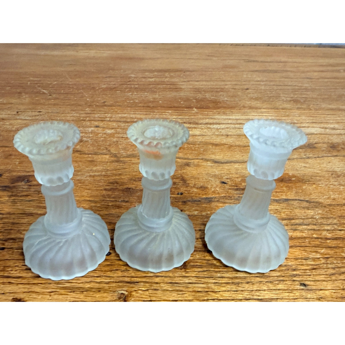 Vintage Set of 3 Miniature Frosted Glass Swirl Candle Stick Holders Lenox Taiwan