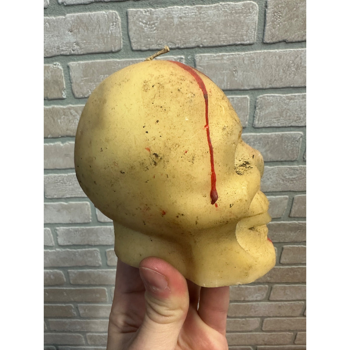 Vintage 1950s Gurley Bleeding Human Skull Wax Figural Candle Halloween Decor 4" Tall