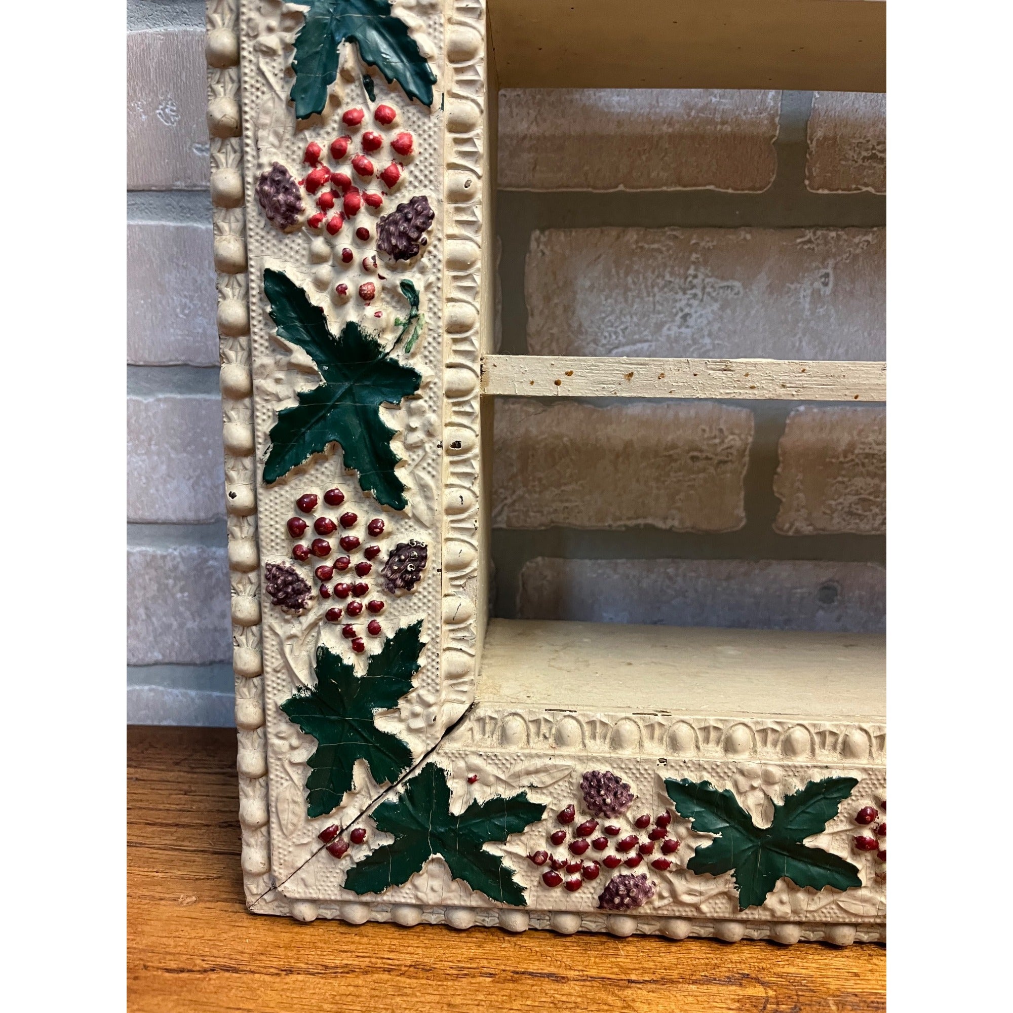 Antique 1900s Victorian Christmas Holly Shadow Wooden Wall Shelf