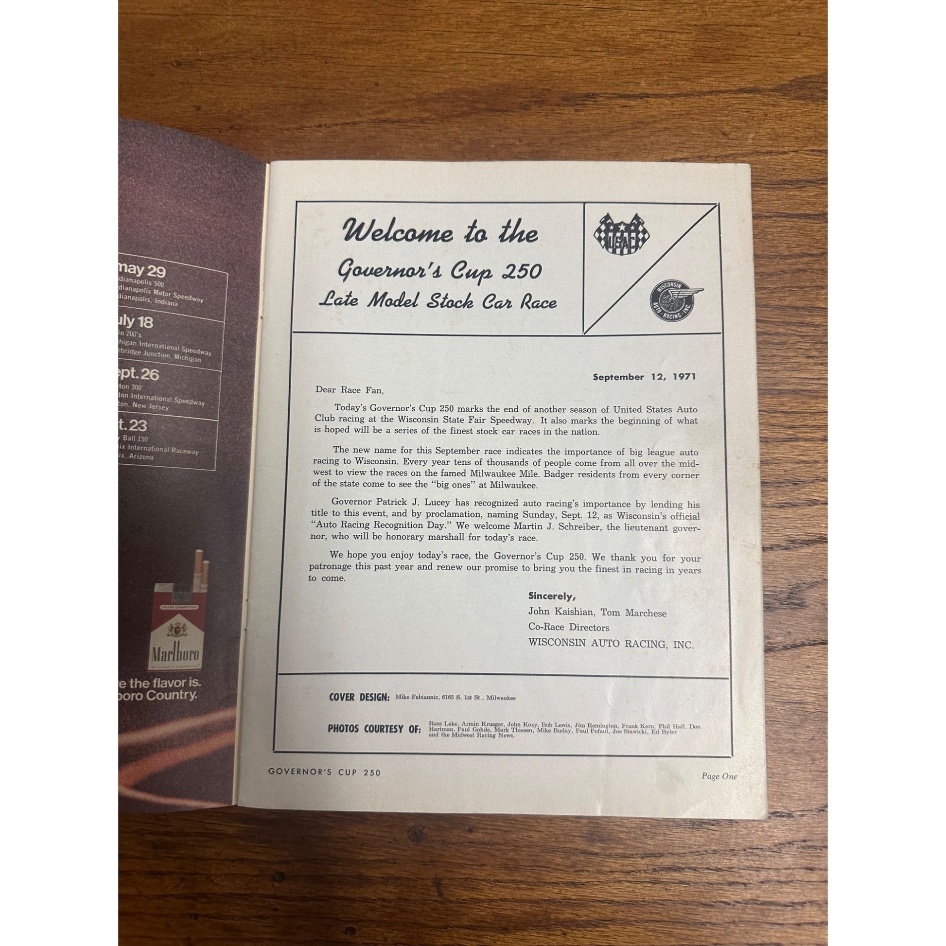 1971 Governor's Cup 250 Mile Race National Championship Souvenir Program Wisconsin