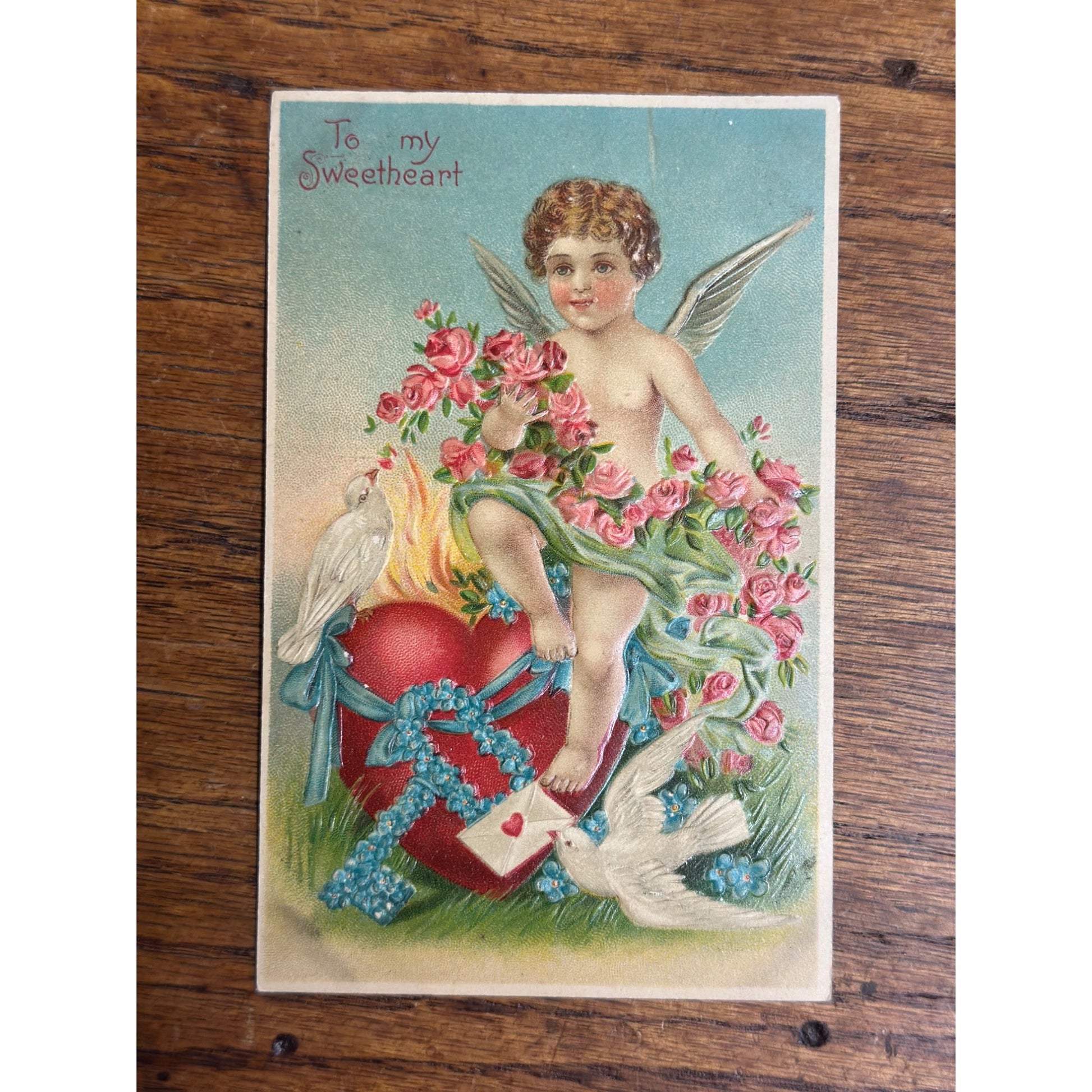 Valentine's Day Postcard Victorian Cupid Dove Heart Valentine German Embossed BW 309