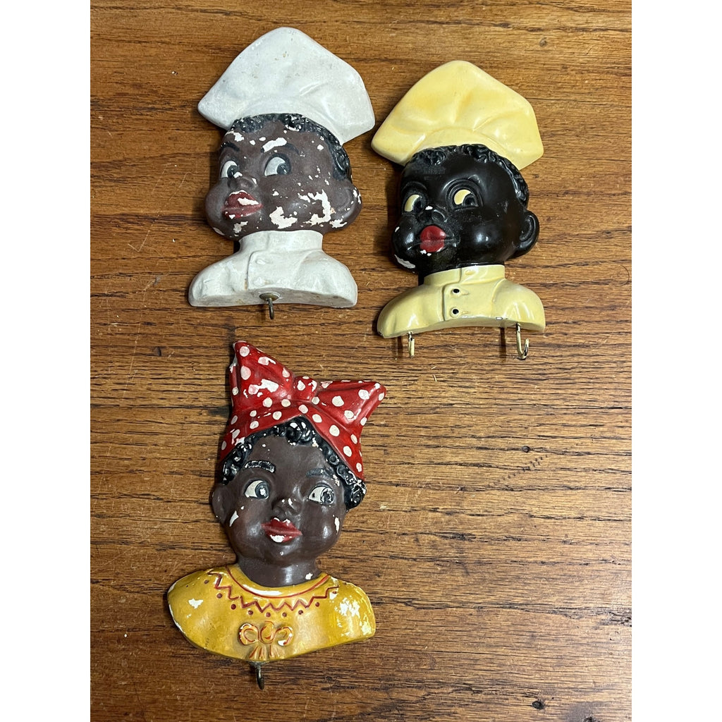 Vintage Black Americana Lot (3) Chalkware Wall Hanging Key Hooks Chef Mammy