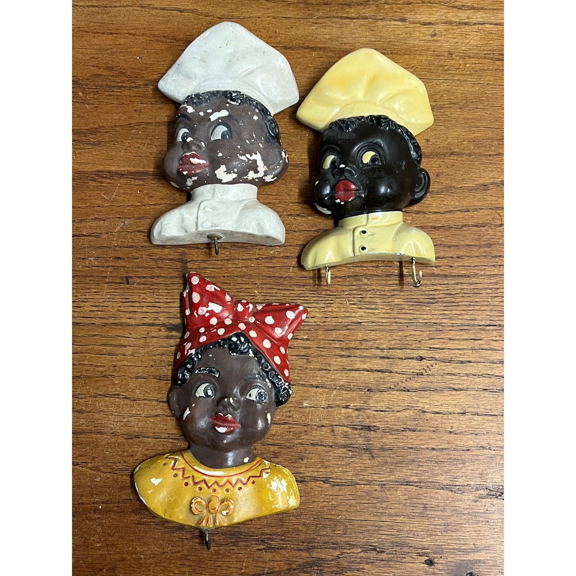 Vintage Black Americana Lot (3) Chalkware Wall Hanging Key Hooks Chef Mammy