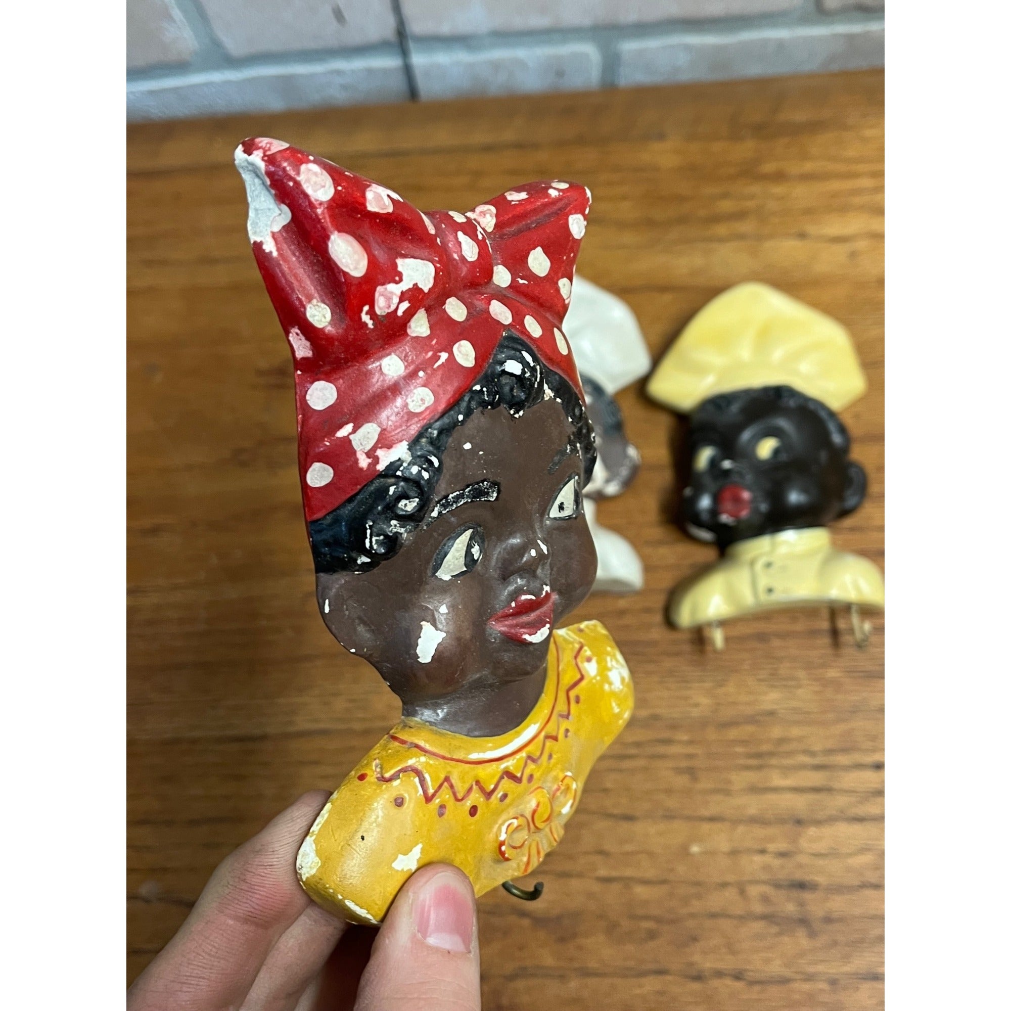 Vintage Black Americana Lot (3) Chalkware Wall Hanging Key Hooks Chef Mammy