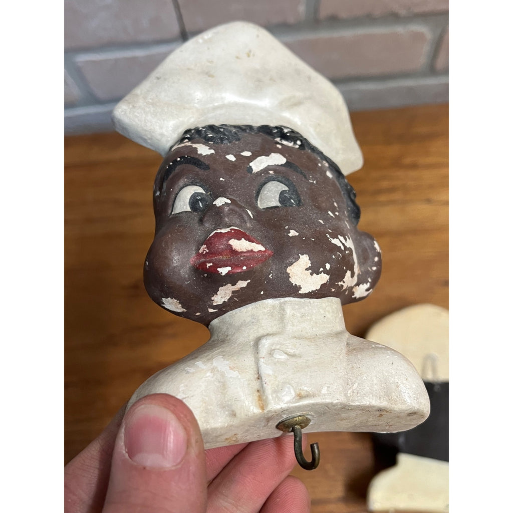 Vintage Black Americana Lot (3) Chalkware Wall Hanging Key Hooks Chef Mammy