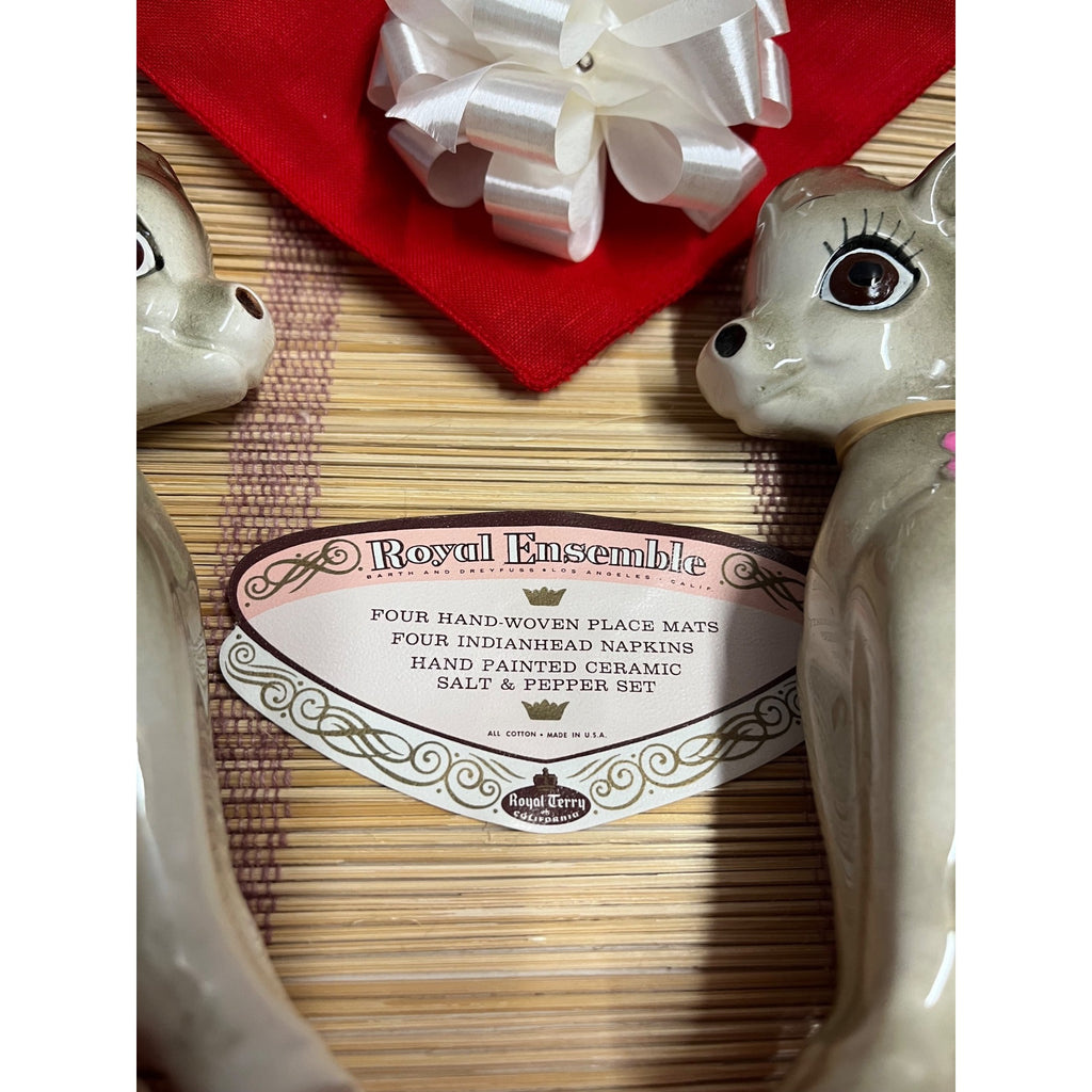 Vintage 1967 Royal Ensemble Donkey Salt Pepper Shakers Placemat Napkin Set NOS