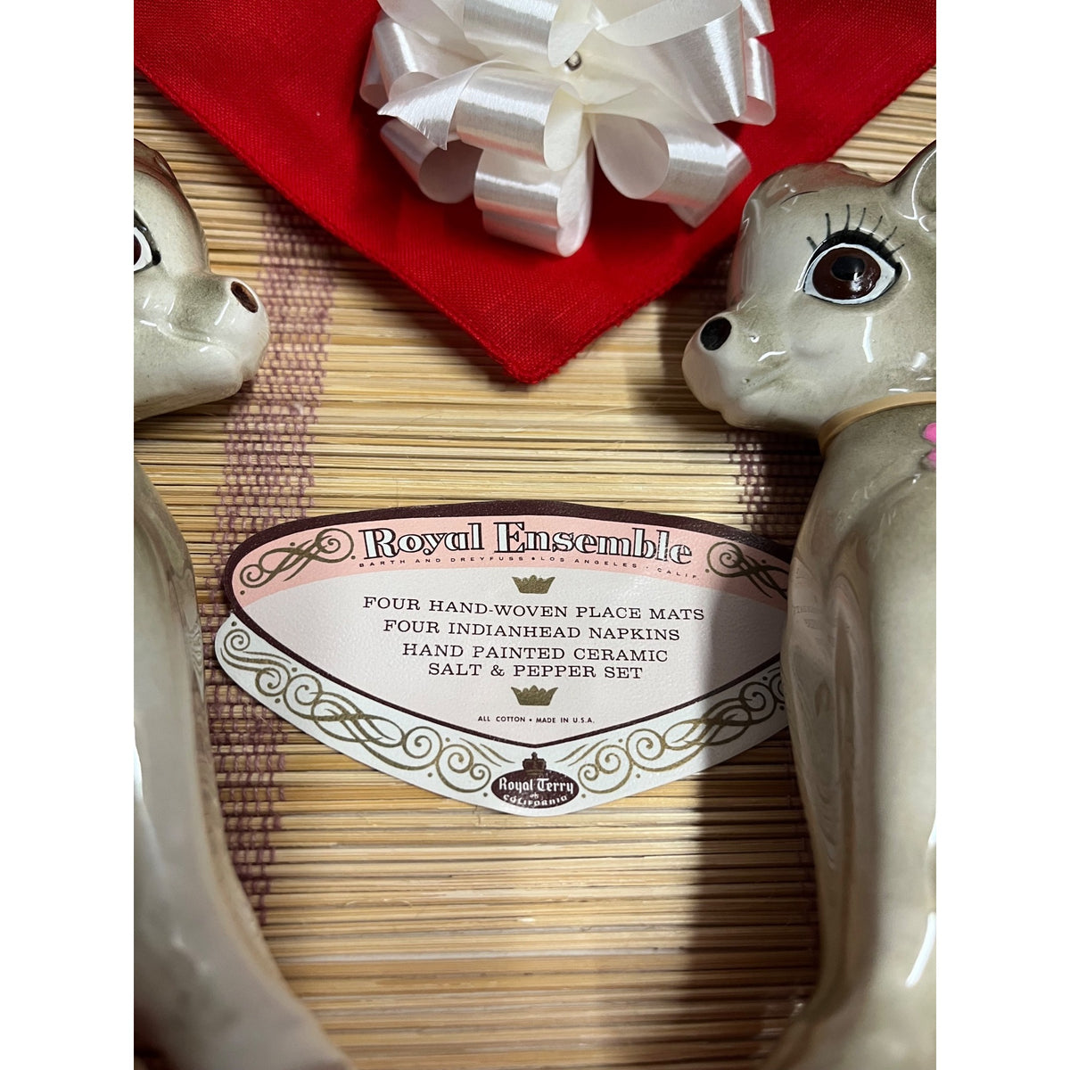 Vintage 1967 Royal Ensemble Donkey Salt Pepper Shakers Placemat Napkin Set NOS