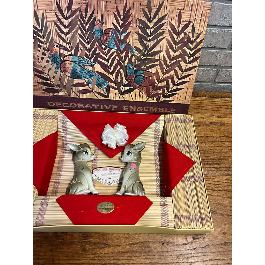 Vintage 1967 Royal Ensemble Donkey Salt Pepper Shakers Placemat Napkin Set NOS
