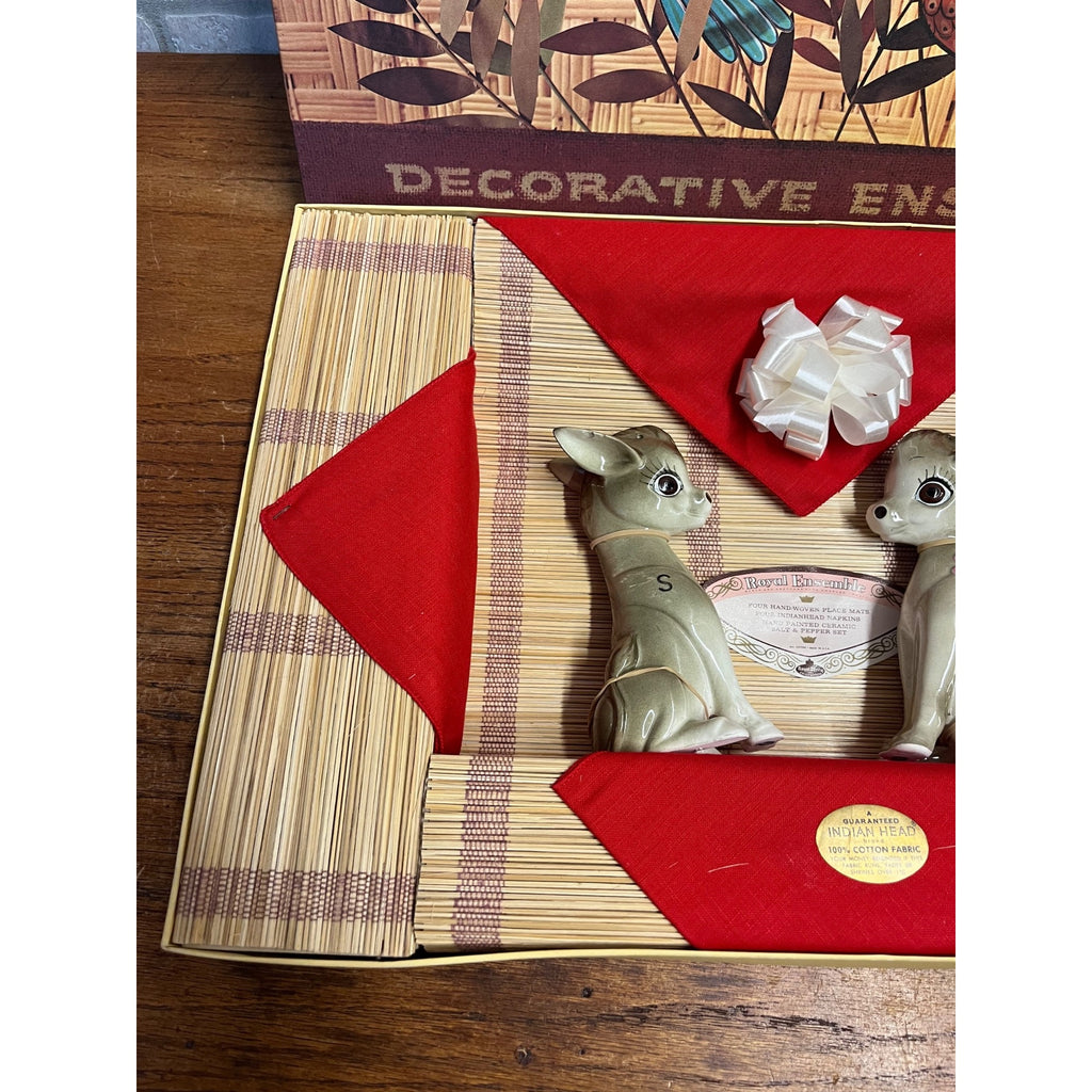 Vintage 1967 Royal Ensemble Donkey Salt Pepper Shakers Placemat Napkin Set NOS