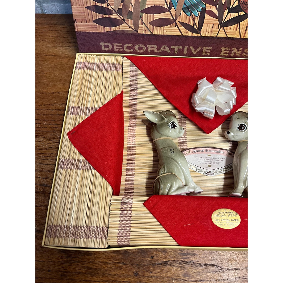 Vintage 1967 Royal Ensemble Donkey Salt Pepper Shakers Placemat Napkin Set NOS