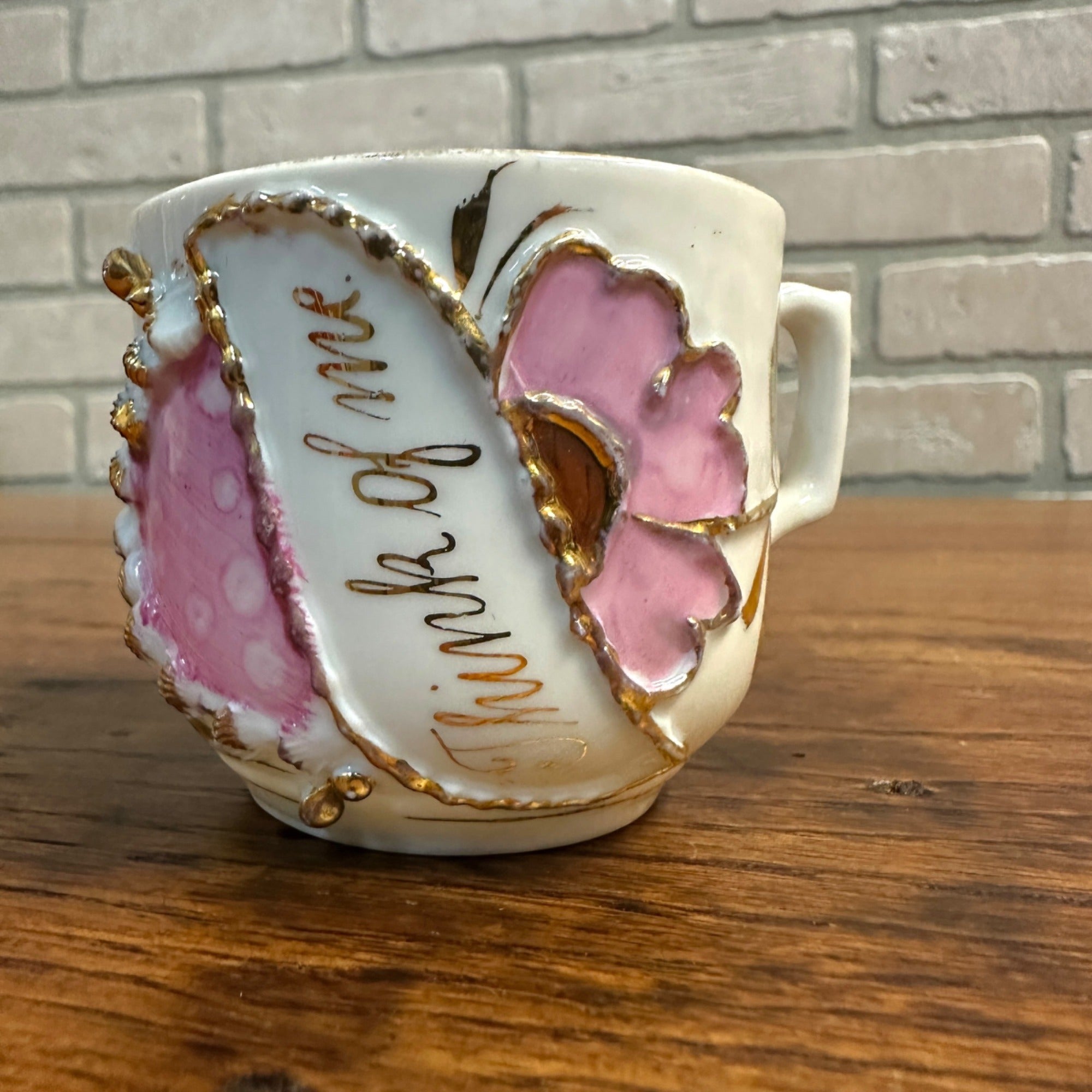 Antique Pink Floral Gold Gilt Childs Cup Think Of Me Floral Cup Tea