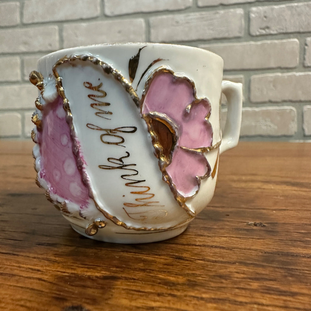 Antique Pink Floral Gold Gilt Childs Cup Think Of Me Floral Cup Tea