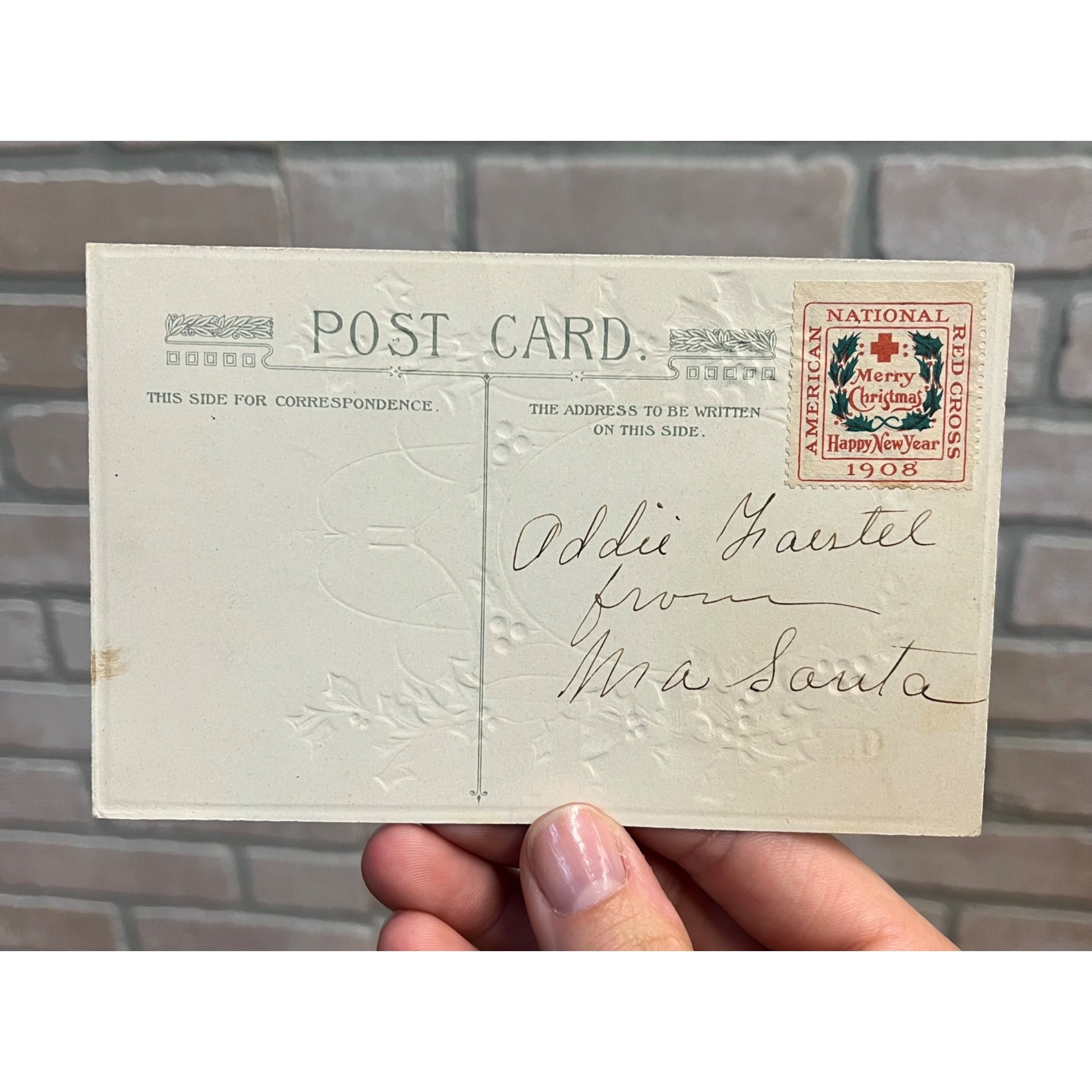 Vintage 1908 Christmas Postcard w/ Christmas Seal Tied US American Red Cross