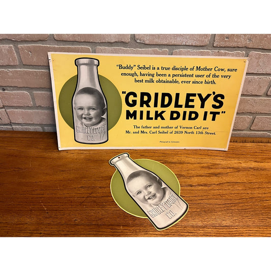 Vintage 1940s Gridley Dairy Milwaukee Wisconsin Cardboard Advertising Sign Store Display