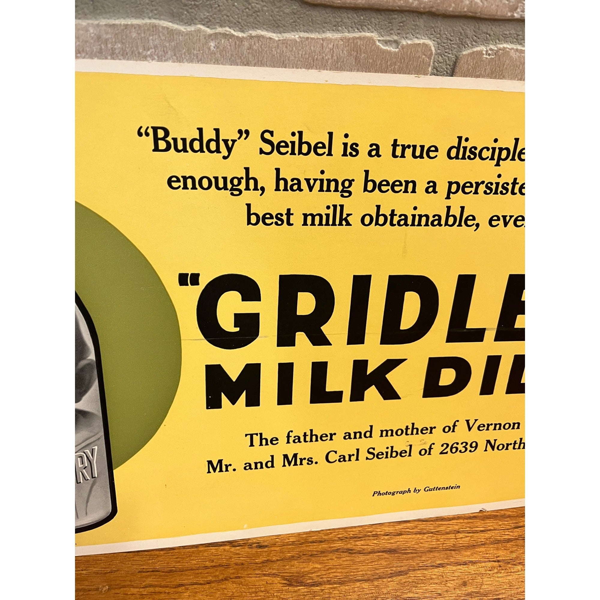 Vintage 1940s Gridley Dairy Milwaukee Wisconsin Cardboard Advertising Sign Store Display