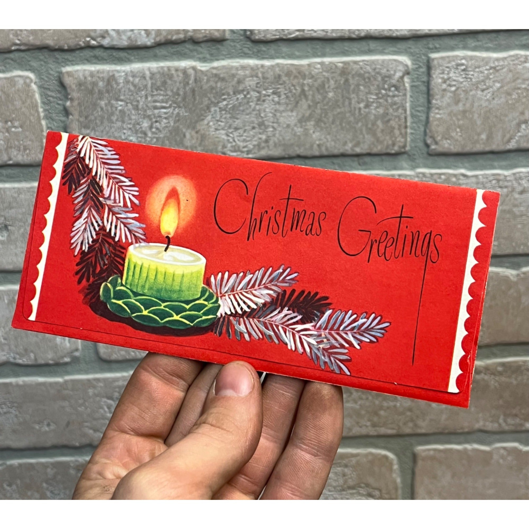 Vintage 1950s Christmas Greetings Gift Envelope Card Mid-Century Rust Craft