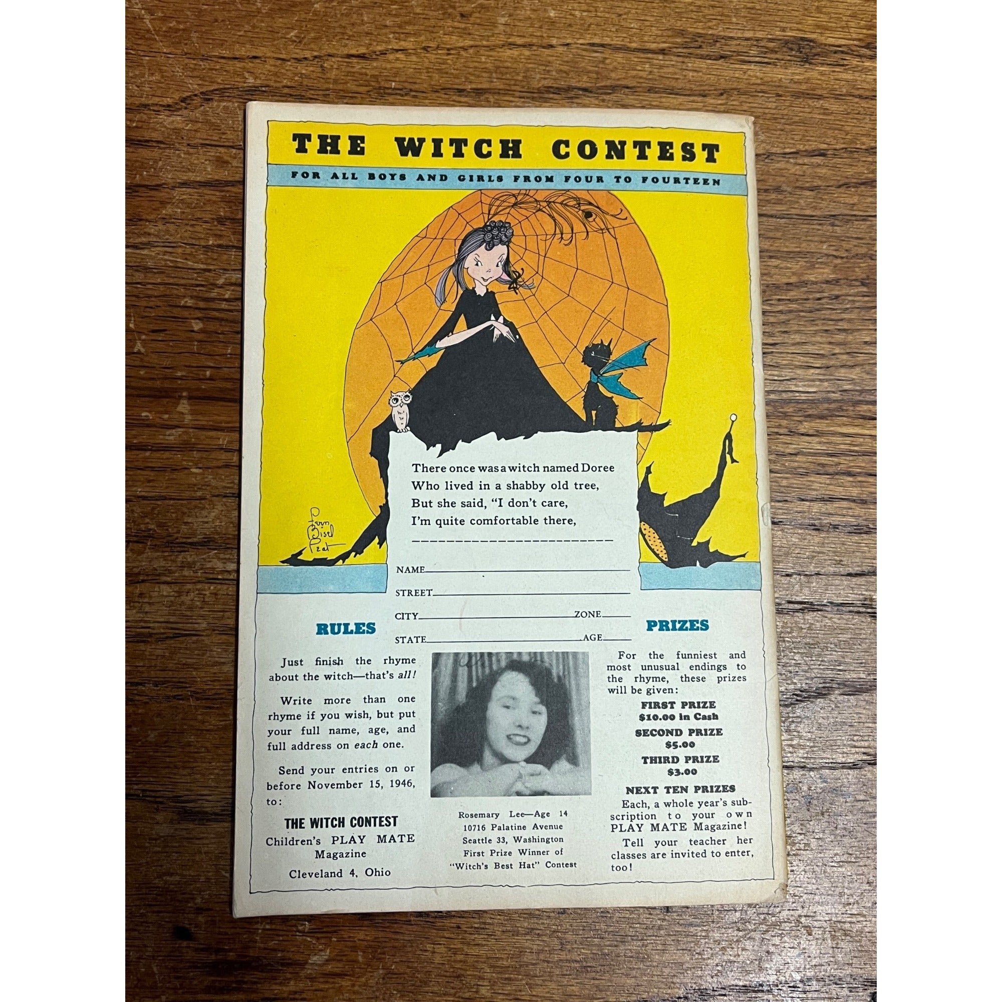 1946 October Halloween Cover Children's Play Mate Magazine 2 Witches on Broom
