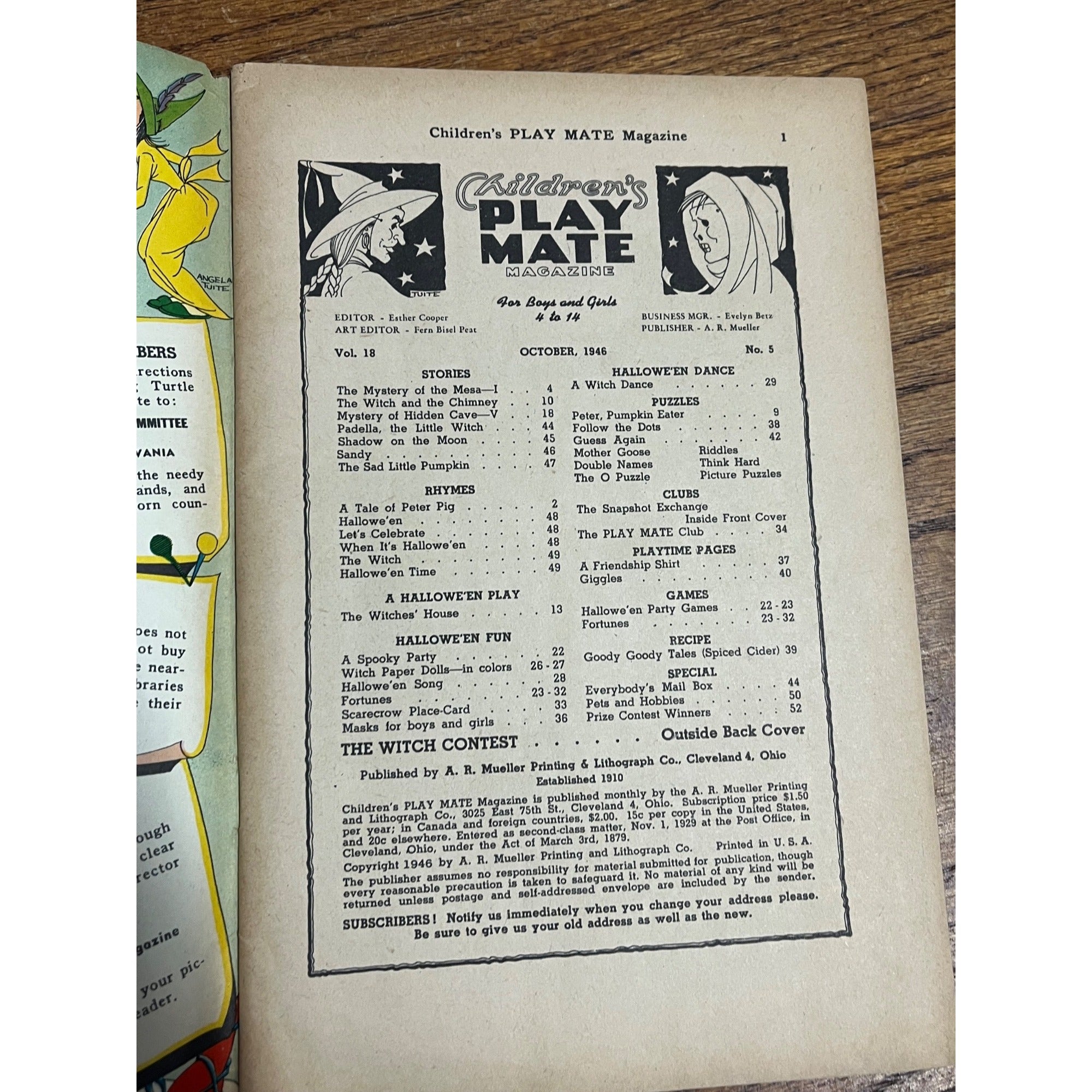 1946 October Halloween Cover Children's Play Mate Magazine 2 Witches on Broom