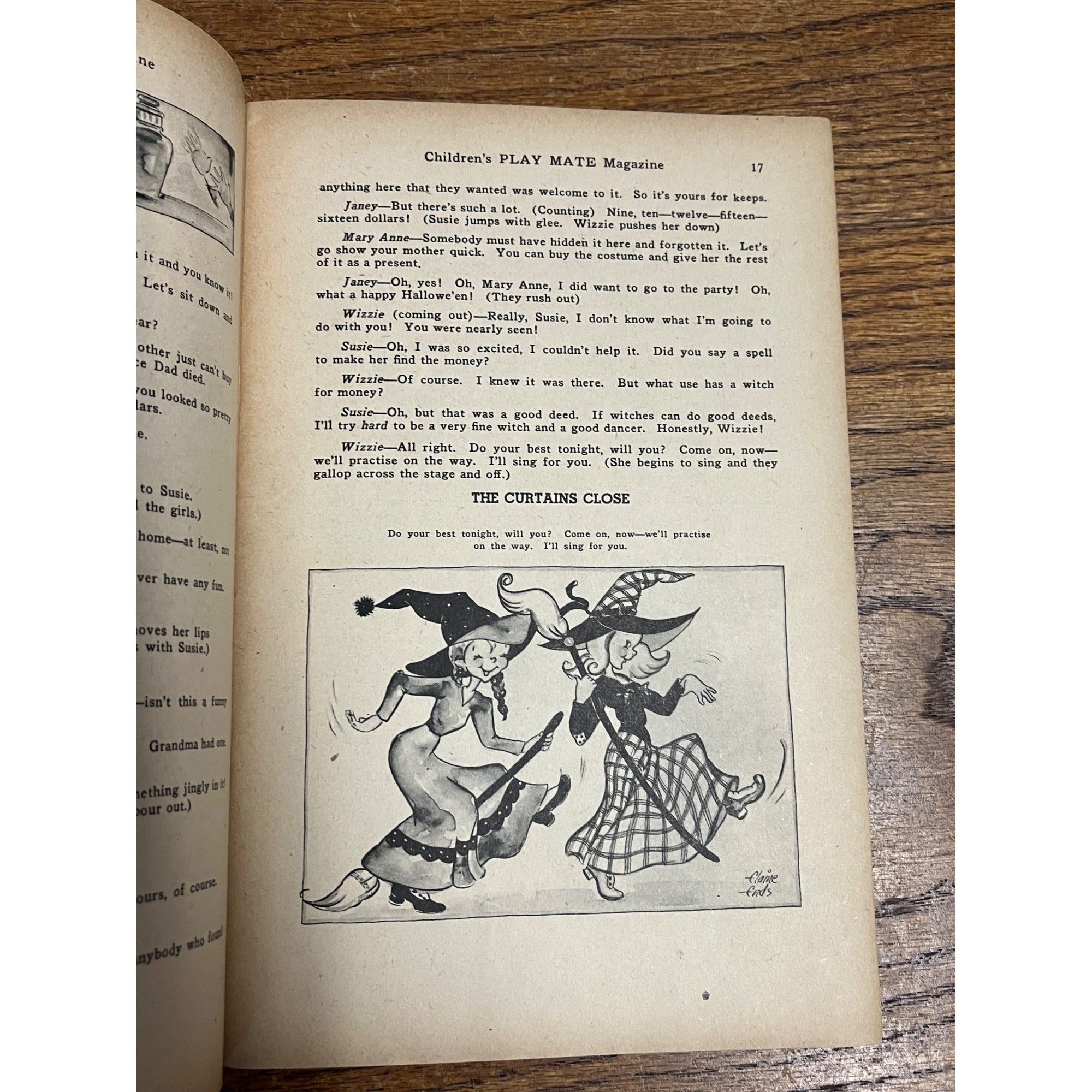 1946 October Halloween Cover Children's Play Mate Magazine 2 Witches on Broom