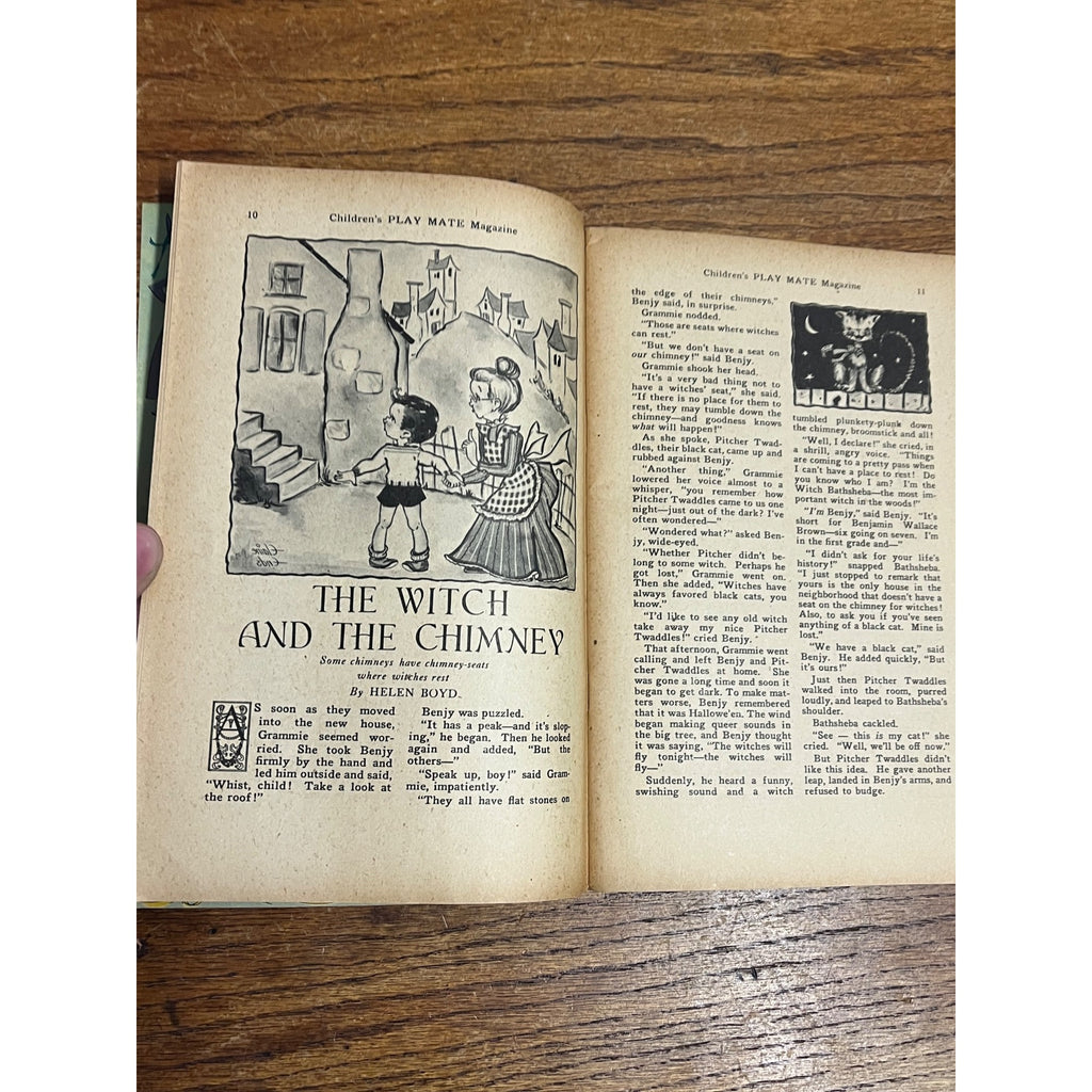 1946 October Halloween Cover Children's Play Mate Magazine 2 Witches on Broom