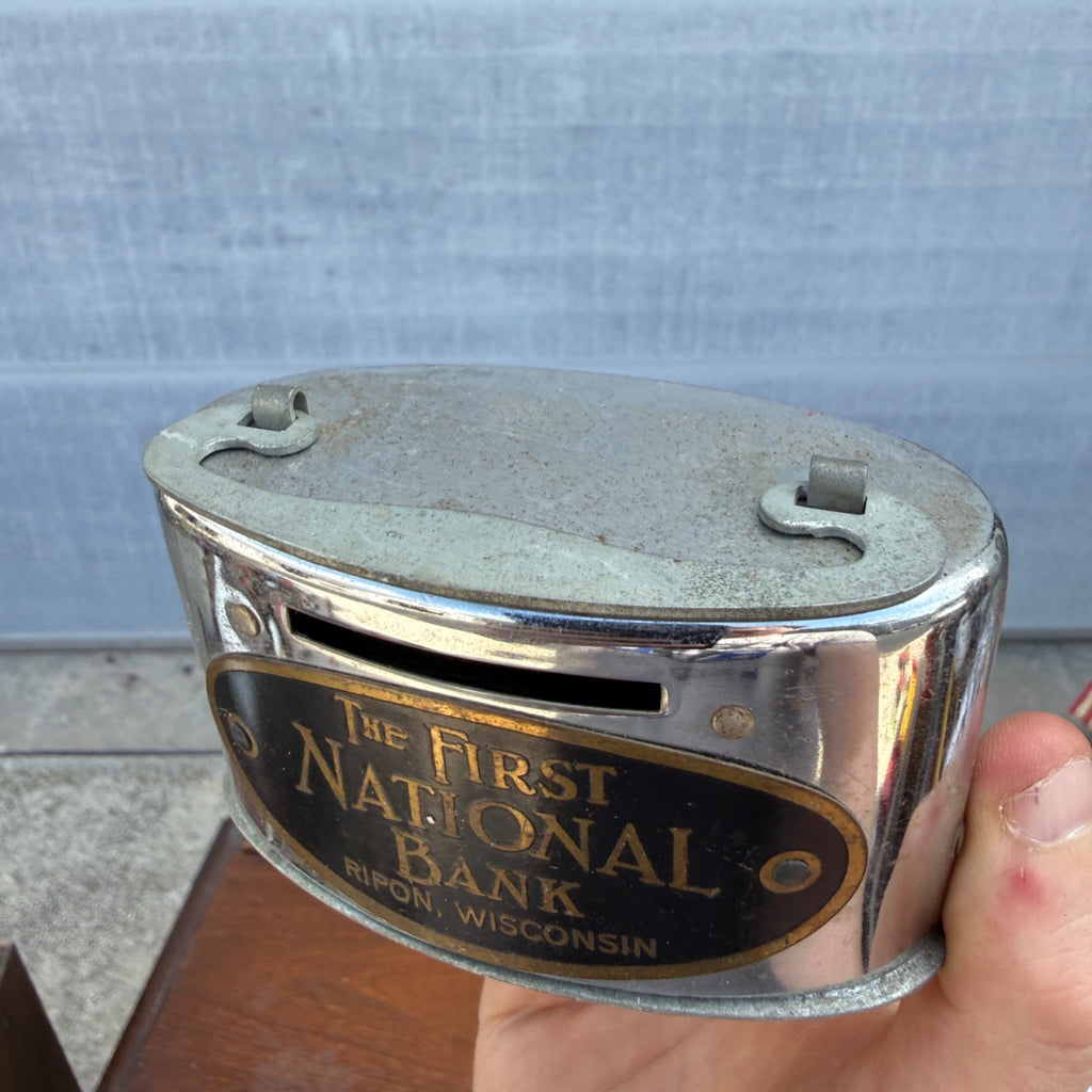 Vintage 1920s First National Bank Ripon Wisconsin Banthrico Coin Bank - NO KEY