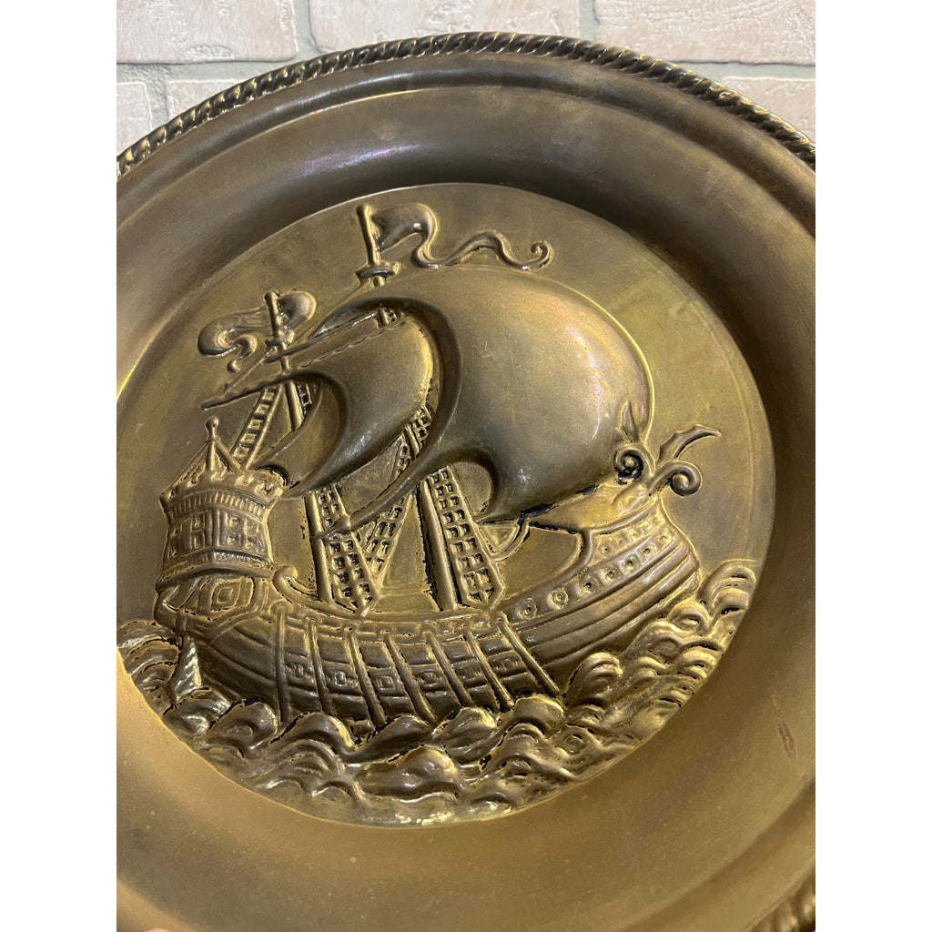 Vintage Embossed Brass Sailing Ship Boat Charger Tray Nautical Wall Hanging 17"