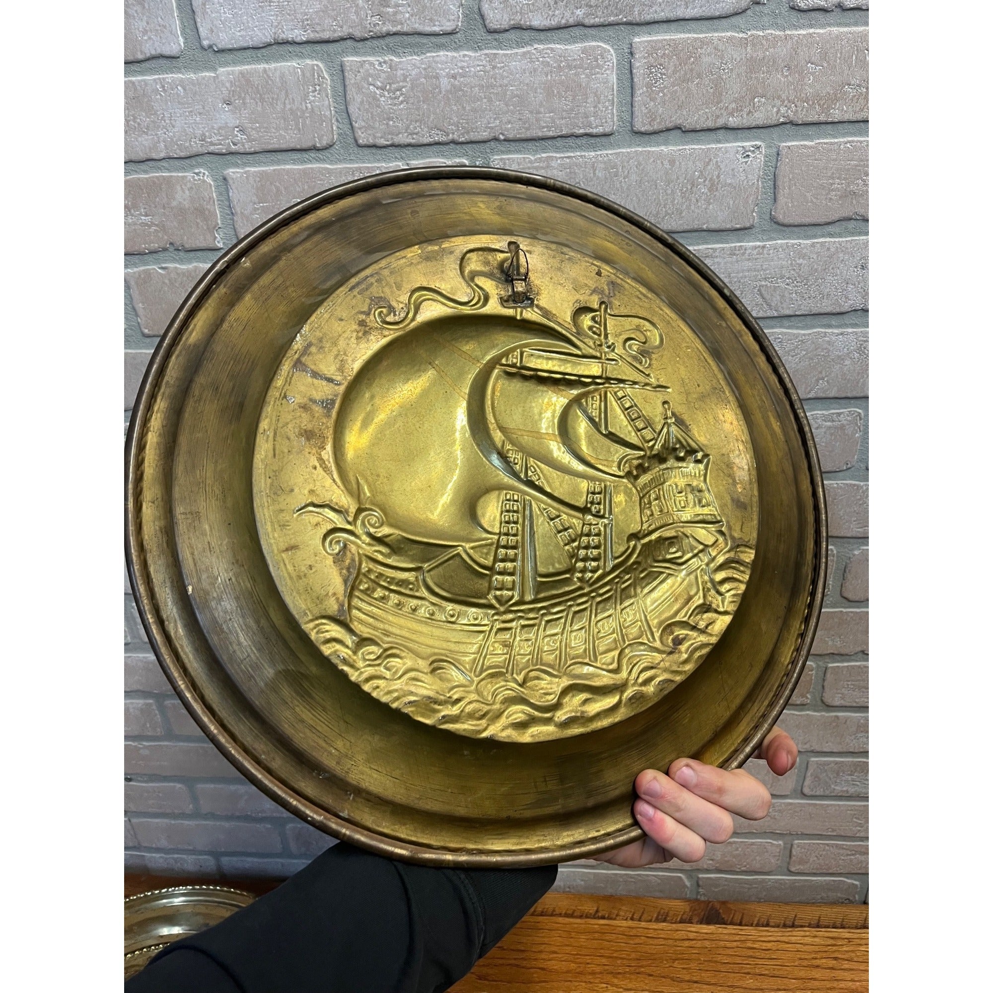 Vintage Embossed Brass Sailing Ship Boat Charger Tray Nautical Wall Hanging 17"