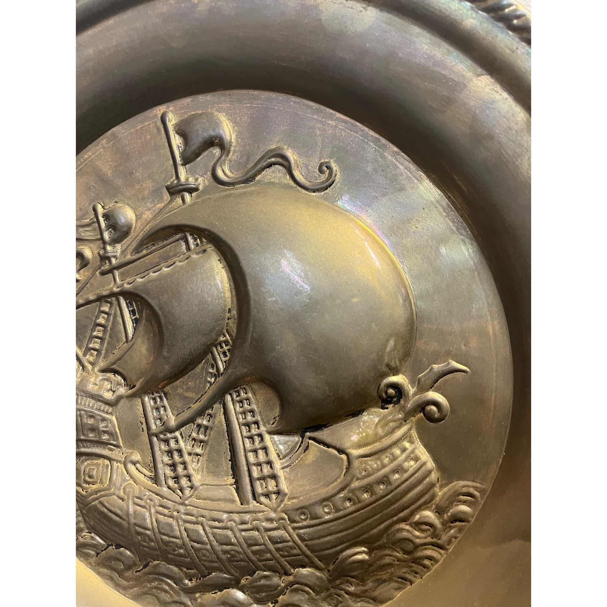 Vintage Embossed Brass Sailing Ship Boat Charger Tray Nautical Wall Hanging 17"