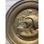 Vintage Embossed Brass Sailing Ship Boat Charger Tray Nautical Wall Hanging 17"