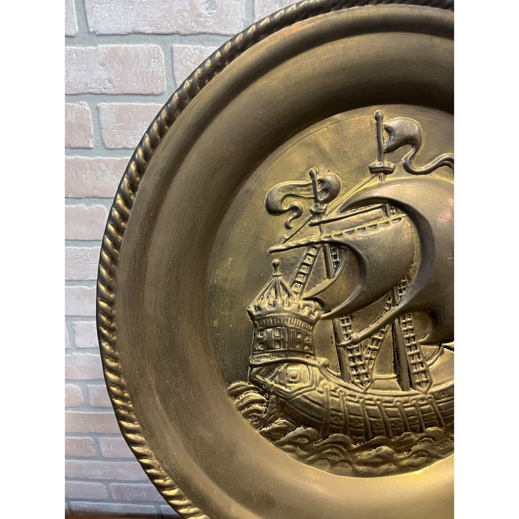 Vintage Embossed Brass Sailing Ship Boat Charger Tray Nautical Wall Hanging 17"