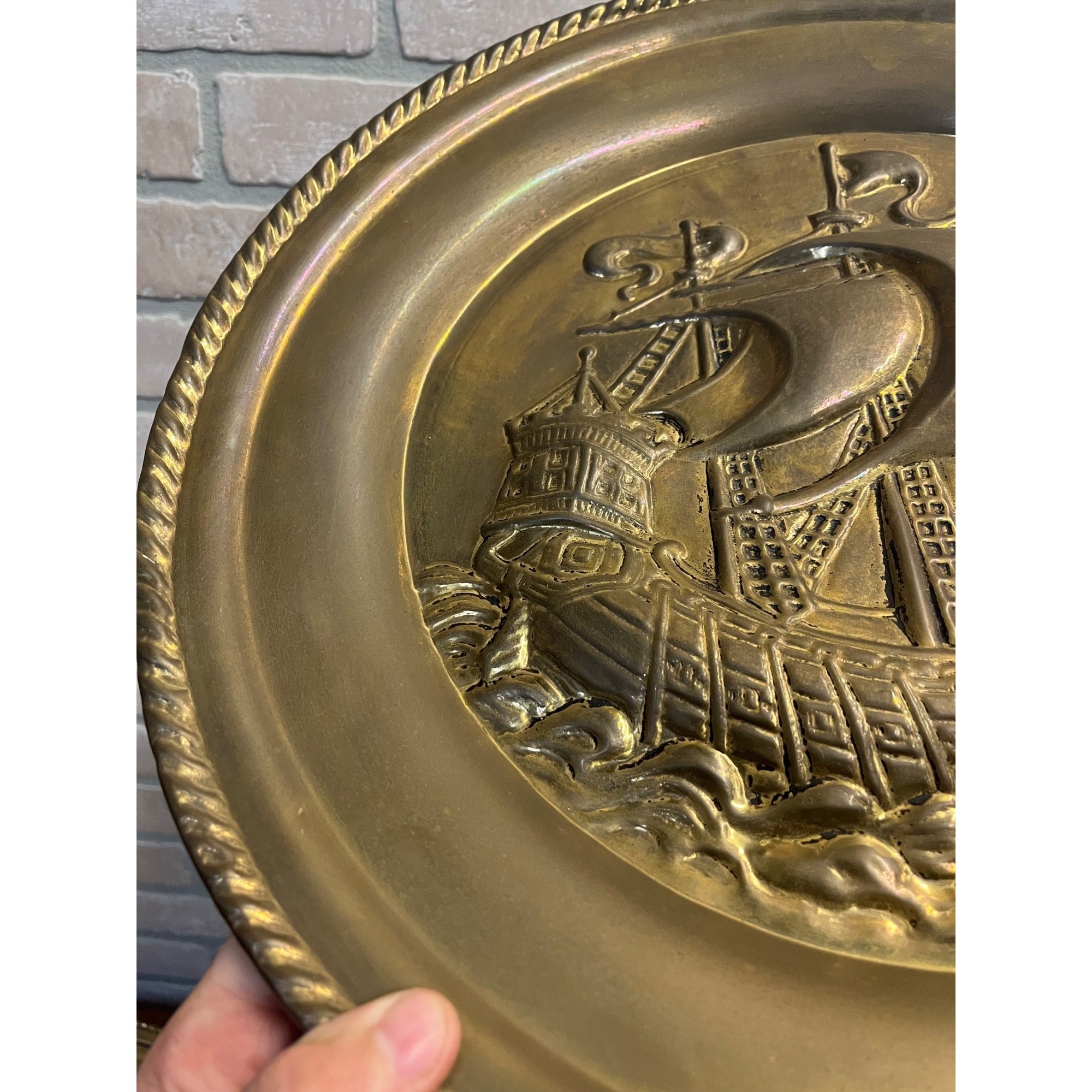 Vintage Embossed Brass Sailing Ship Boat Charger Tray Nautical Wall Hanging 17"
